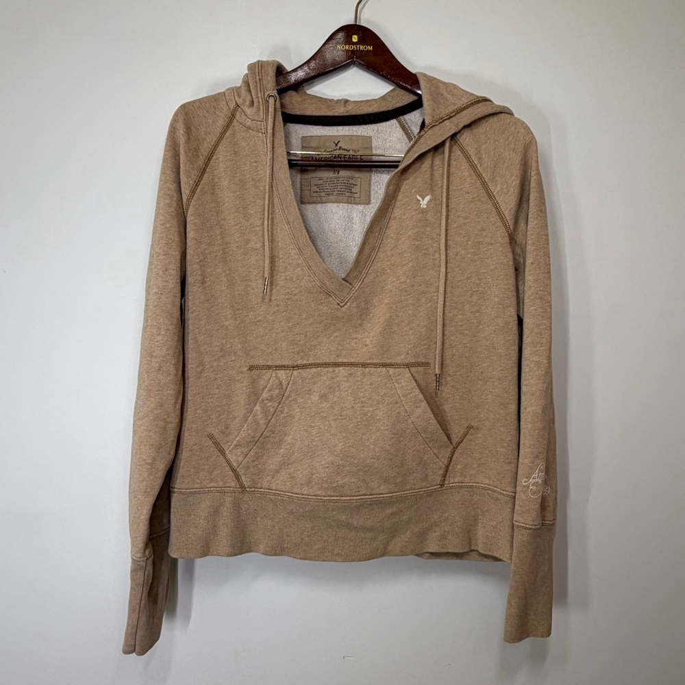 American Eagle V Neck Hoodie Large Tan Heathered Fleece Pullover Boho Y2K Coasta